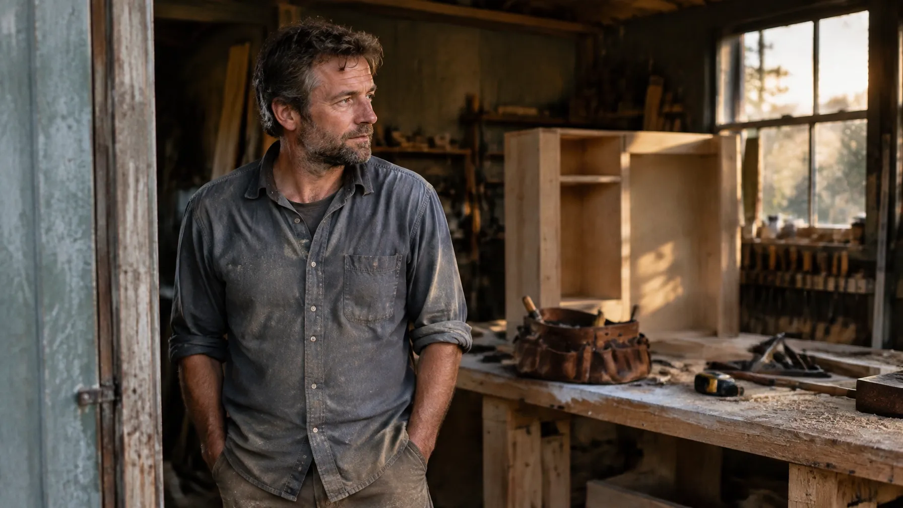 Self-employed contractor in his workshop doorway at the end of the day.