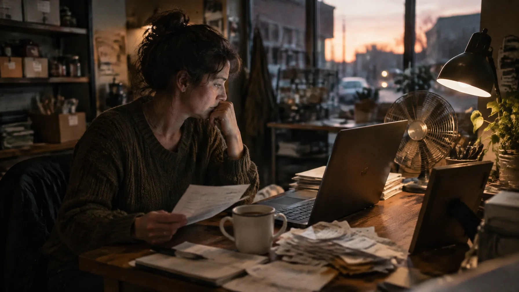 Small business owner reviewing paperwork at her desk in the evening.